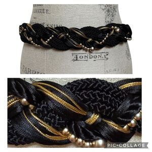 Vintage 80s Motion East Ornate Braided Macrame Belt Black Gold Sz M/L